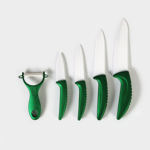 Набор кухонный Изгиб, 5 предметов: 4 ножа 7,5 см, 10 см, 13 см, 15 см, овощечистка, на подставке, цвет зелёный - Simaland фото 3