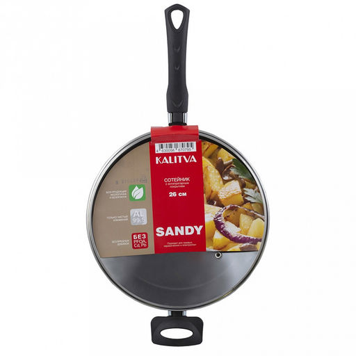 "Sandy " Сотейник с антипригарным покрытием д26см, h6,5см, s1,8мм, бакелитовая ручка, стеклянная крышка (Россия)