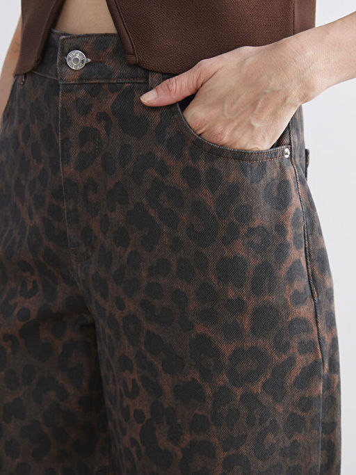 Baggy Fit Leopar Desenli Kad?n Jean Pantolon