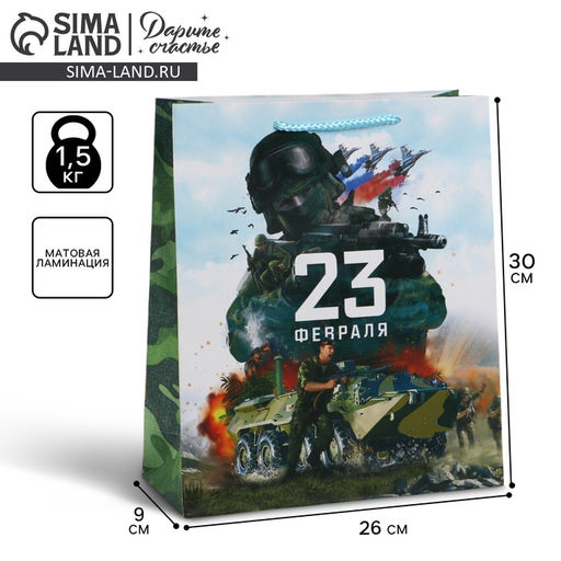 Цена за 2 шт. Пакет подарочный ламинированный, упаковка, «С 23 февраля», M 26×30×9 см