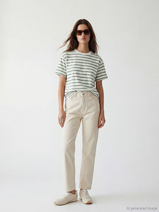 Bisiklet Yaka ?izgili Kad?n Ti??rt