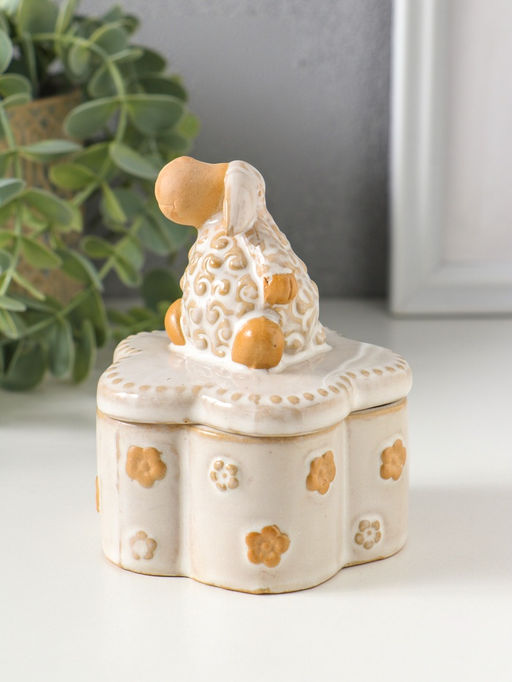 Шкатулка для украшений керамика «Кудряш бараш», беж, 7.9×7.9×9.5 см