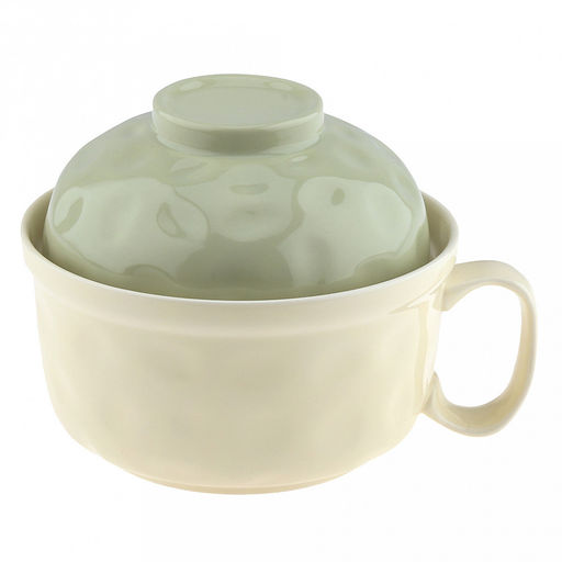 Бульонница керамическая "Семейная" 0,7л, д15,3см, h8,3см, с ручкой, с крышкой - светло-зеленый, общая h13см, рифленый борт, форма "мисосупница", светло-желтый, в коробке (Китай)