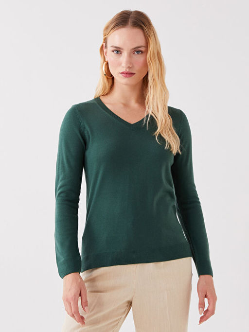 V Yaka D?z Uzun Kollu Kad?n Triko Kazak