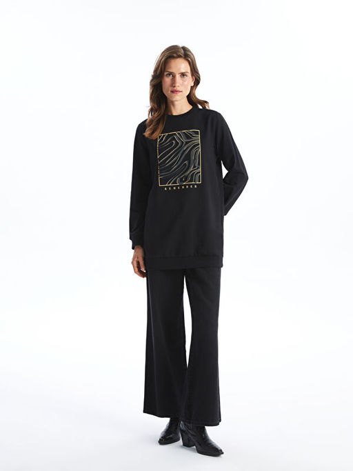 Bisiklet Yaka Bask?l? Kad?n Sweatshirt Tunik