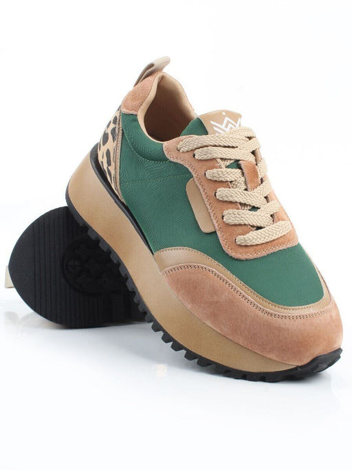 04-PDJ96-2 BEIGE/GREEN Кроссовки демисезонные женские (натуральная замша, натуральная кожа, текстиль)