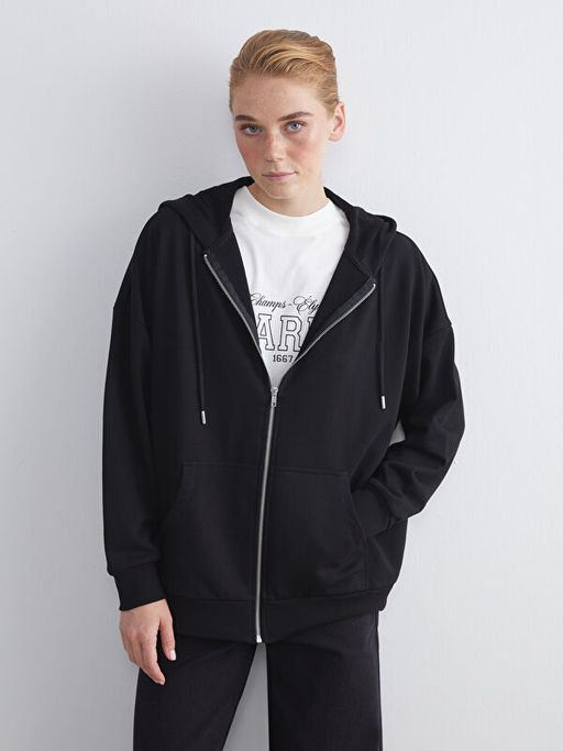 Kap??onlu Oversize Kad?n Fermuarl? Sweatshirt