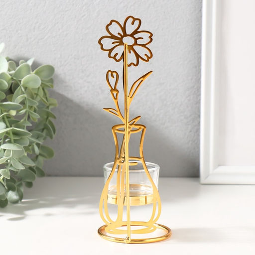 Подсвечник на 1 свечу металл, стекло Цветок в вазе, золото, d=4.5 см, 7.4?7.5?21 см