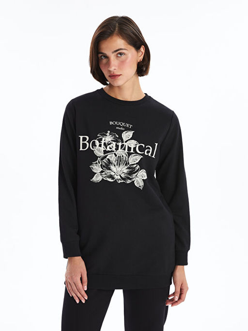 Bisiklet Yaka Bask?l? Kad?n Sweatshirt Tunik