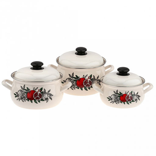 "Цвет граната" Набор эмалированных кастрюль 3 предмета: 2л - д18,5см, h9,8см, 3л - д21см, h12см, 4,5л - д23,5см, h13,2см, s0,8мм, форма грушевидная, двойной слой эмалевого покрытия, металлическая крышка (Россия)