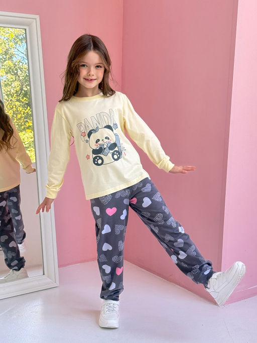 170009C-39 Пижама для девочки (футболка с длинным рукавом, брюки), Экрю