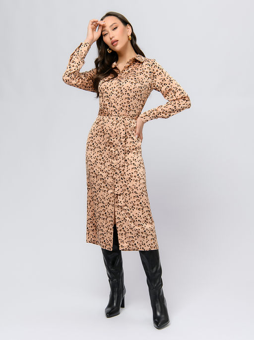Платье бежевого цвета длины миди с принтом и длинными рукавами - 1001dress фото 2