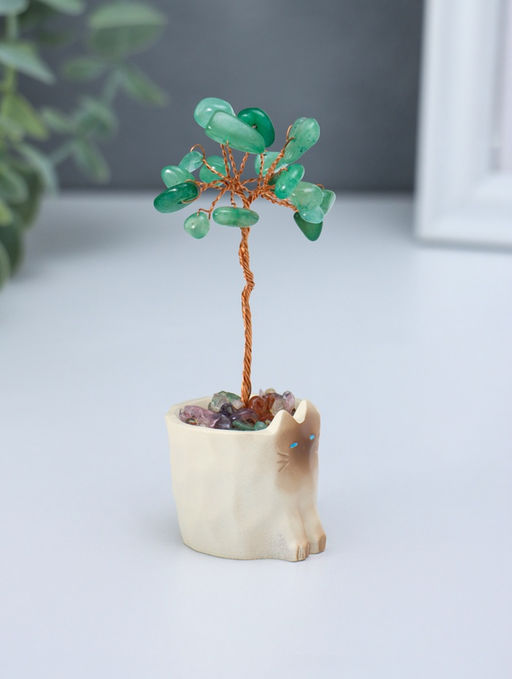 Денежное дерево декоративное «Сувенир бонсай. Котик-горшок», 12 зелёных камней, 3.3×3.4×8.8 см