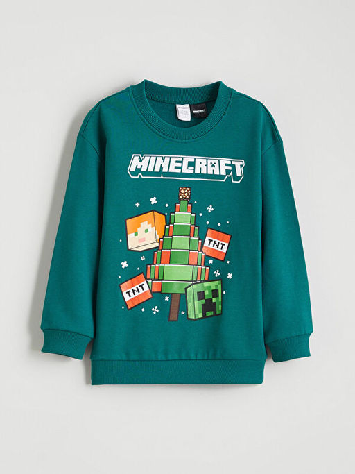 Bisiklet Yaka Minecraft Bask?l? Erkek ?ocuk Sweatshirt