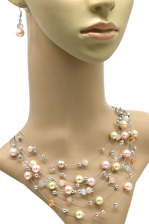 Воздушное колье и серьги 7нитей из майорки и циркона цв.ассорти, 45см