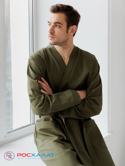 Мужской вафельный халат с планкой хаки В-03 (26)