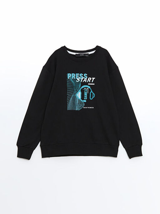 Bisiklet Yaka Bask?l? Erkek ?ocuk Sweatshirt
