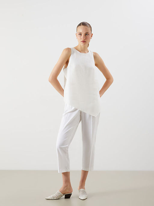 Bisiklet Yaka Keten Kar???ml? Asimetrik Kesim Bluz