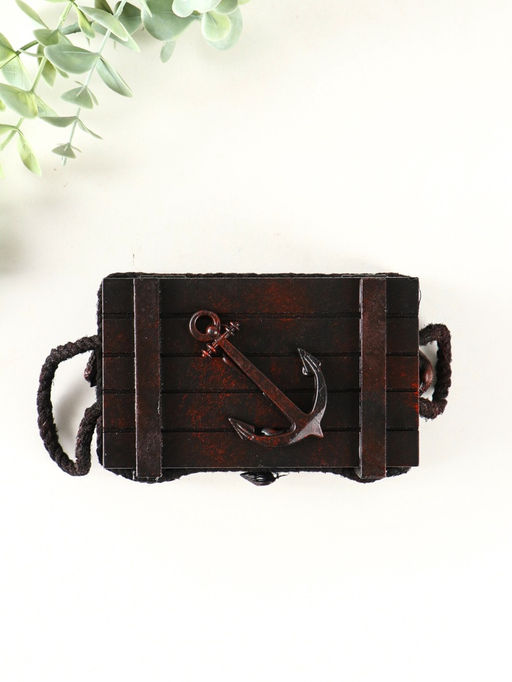 Шкатулка для украшений Морской сундук с якорем, с ручкой, дерево, красно-коричневая, 12.8?8?5.5 см