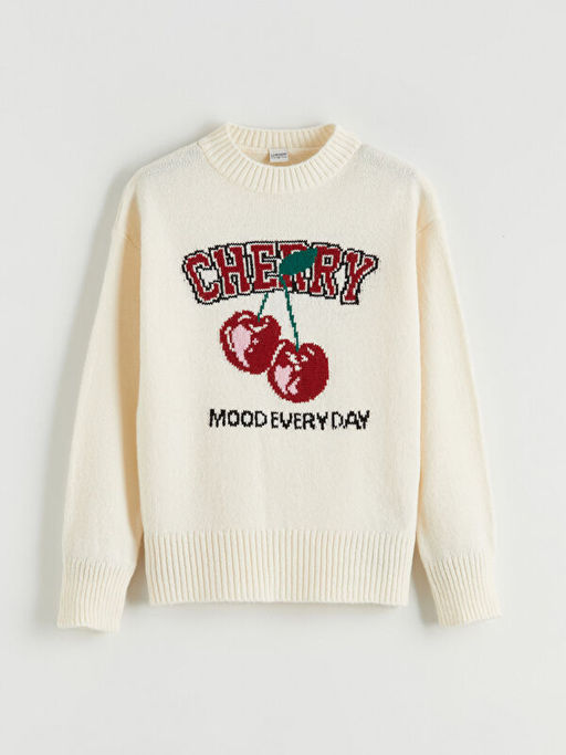 Bisiklet Yaka Desenli K?z ?ocuk Triko Kazak