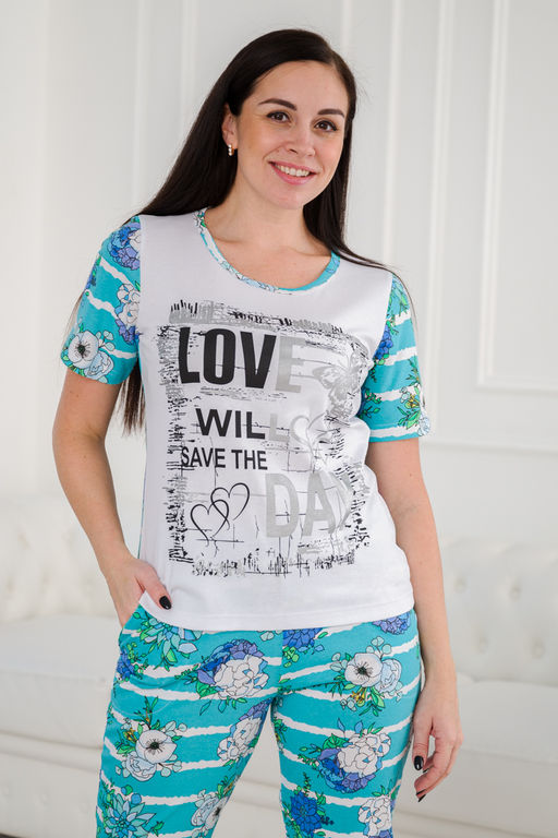 Пижама женская домашний из футболки и бридж LOVE маки на ментоле - Амадэль фото 7