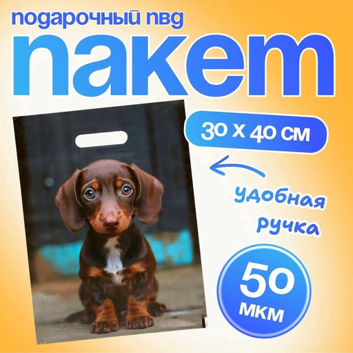 Цена за 20 шт. Пакет подарочный «Милая такса», полиэтиленовый с вырубной ручкой, 30×40 см 50 мкм