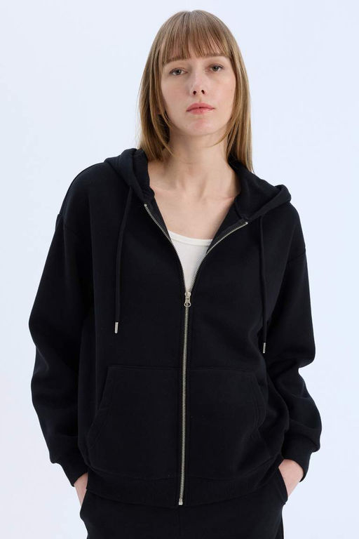 Okula Donus Relax Fit Kapusonlu Kal?n Basic Duz Cepli Fermuarl? Sweatshirt - Defacto фото 2