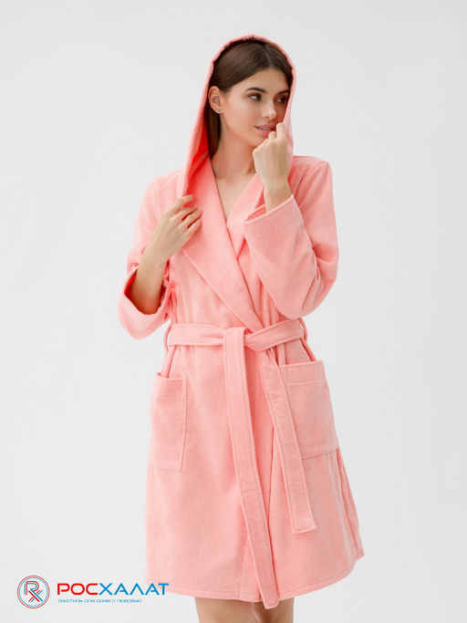 Махровый женский укороченный халат с капюшоном светло-коралловый МЗ-01 (6) - Росхалат фото 4