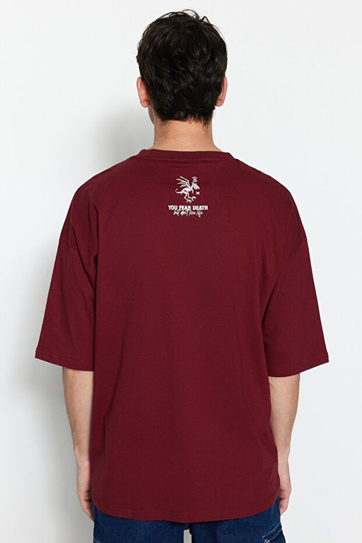 Bordo Oversize/Geni_ Kesim %100 Pamuklu Minimal Yaz_ Bask_l_ T-Shirt TMNSS23TS00099 - Trendyolmilla фото 2
