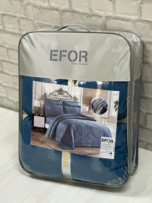 КПБ EFOR SATIN MAVI семейный с одеялом синий