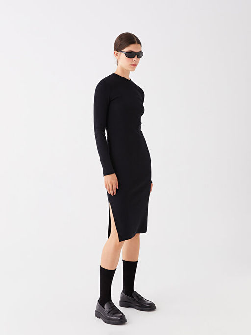 Bisiklet Yaka D?z Uzun Kollu Elbise