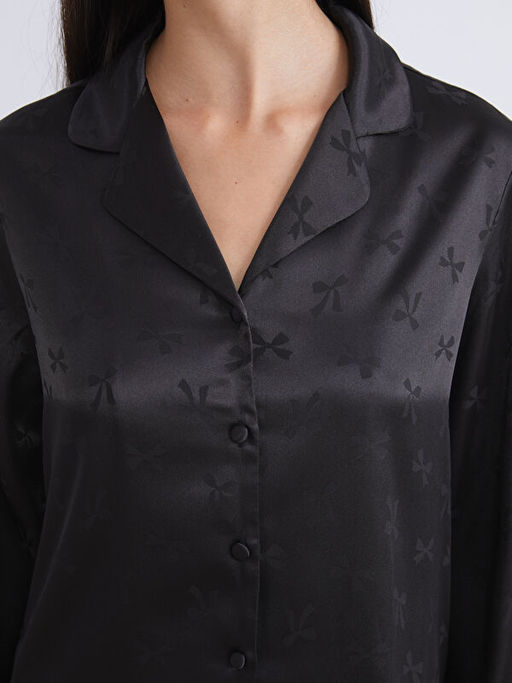 G?mlek Yaka Fiyonklu Saten Kad?n Pijama Tak?m?