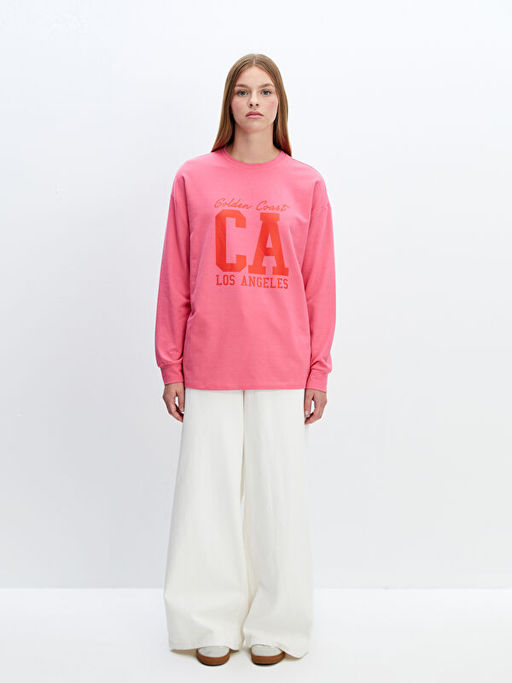 Bisiklet Yaka Bask?l? Oversize Kad?n Sweatshirt Tunik