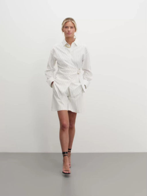 Льняная рубашка в полоску с декоративной пряжкой / Zarina  фото 2