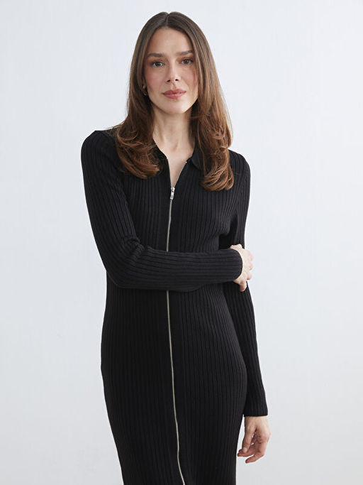 Polo Yaka Fitilli Triko Elbise