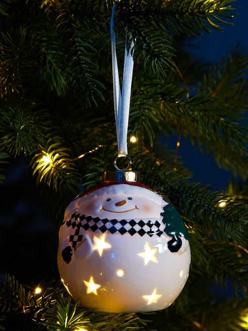 Ёлочный шар с подсветкой Снеговик, 108.68.6 см, 1 LED, от батареек LR443, керамика, свечение тёплое белое