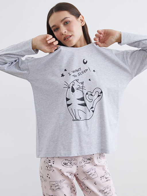 Kedi Bask?l? Kad?n Pijama Tak?m?