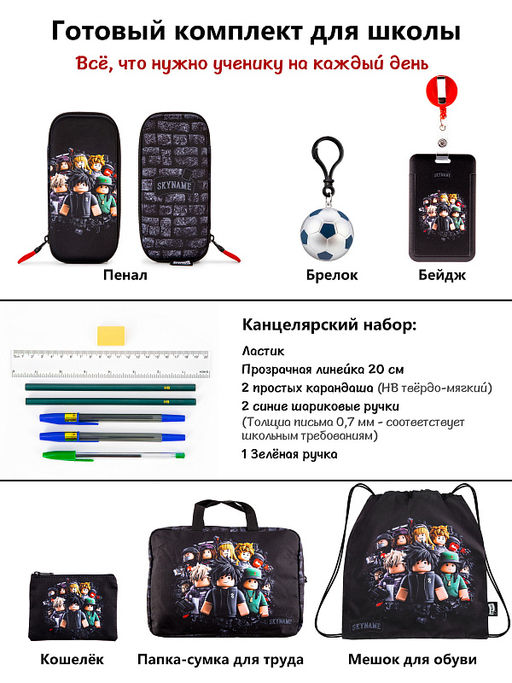 Рюкзак SkyName set-R1-093 + мешок для обуви, папка, пенал, кошелек, бейдж, канц. набор,брелок мячик  фото 15