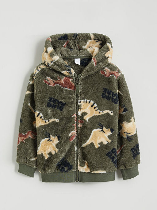 Dinozor Desenli Pel?? Erkek ?ocuk Fermuarl? Sweatshirt