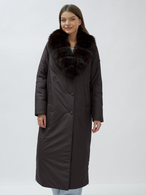 Пальто зимнее женское с мехом песец люкс класса темно-коричневого цвета 5071TK - Mtforce фото 15
