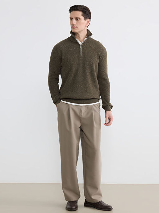 Dik Yaka Y?n Kar???ml? Erkek Triko Kazak