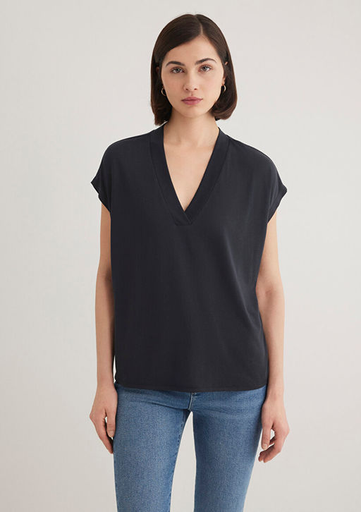 Lux Touch TENCEL TM V Yaka Siyah Tisort - Mavi фото 4