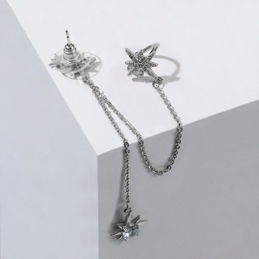 Серьга Кафф северная звезда с цепью, цвет белый в серебре - Queen fair фото 3