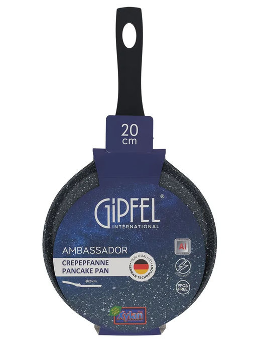 52788 GIPFEL Сковорода блинная AMBASSADOR 20 см из кованого алюминия, с антипригарным покрытием Xylan plus, с бакелитовой ручкой с покрытием Soft-touch, с индукционным дном. Толщина: 2,0/2,5мм. Цвет: черный