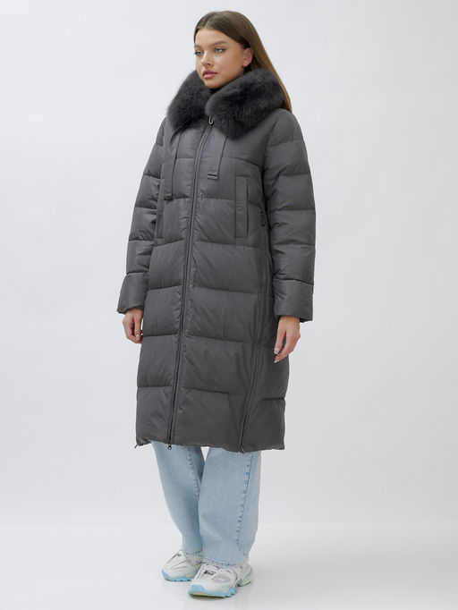 с натуральным мехом песца класса Люкс Бренд Visdeer Пальто зимние темно-серого цвета  фото 2