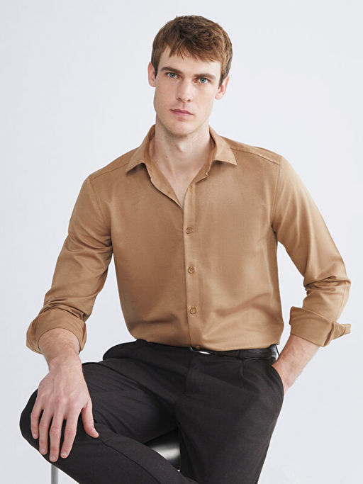 ?nden D??me Kapamal? D?z Uzun Kollu Erkek G?mlek