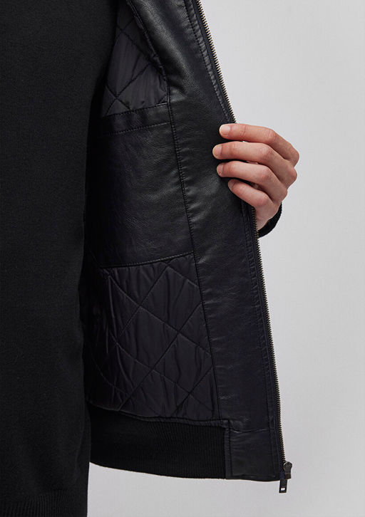 Suni Kurk Detayl? Siyah Suni Deri Ceket - Mavi фото 7