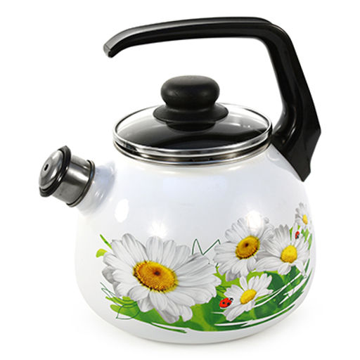 "Ромашки лето" Чайник эмалированный 3л, д20см, h16см, со свистком, сферическая форма, стеклянная крышка с пластмассовой ручкой-кнопкой, ободок из нержавеющей стали, пластмассовая фиксированная ручкая фиксированная ручка, белый (Россия)