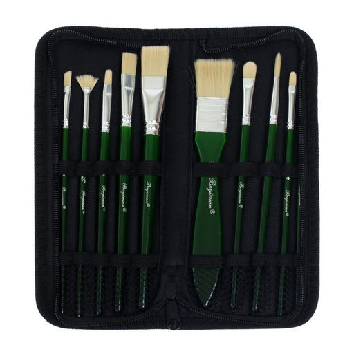 Набор кистей для рисования, щетина, 10 штук: № 2/0, 1/4, 6, 12, 3/4, 1", 8, 6, 4, круглые, плоские, в пенале на молнии, международный размер