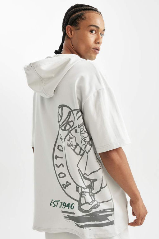 DeFactoFit NBA Boston Celtics Oversize Genis Kal?p Kapusonlu S?rt Bask?l? K?sa Kollu Tisort  фото 5